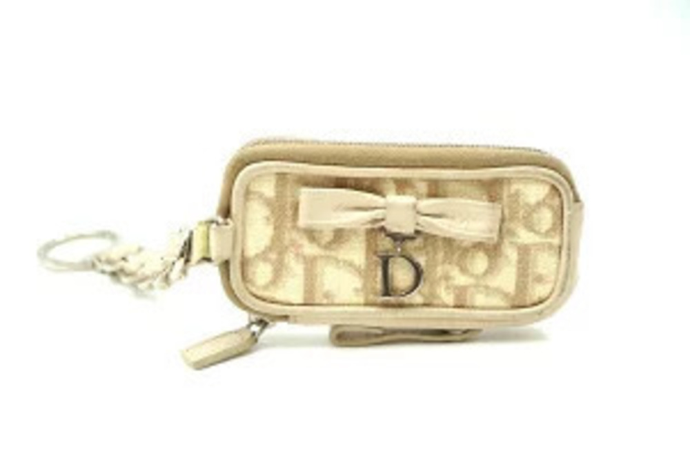 Christian Dior Romantic Trotter Keyring Pouch Ribbon Leather Beige